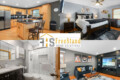 Different areas of a corporate housing in Chicago - bedroom, bathroom, kitchen, living room.